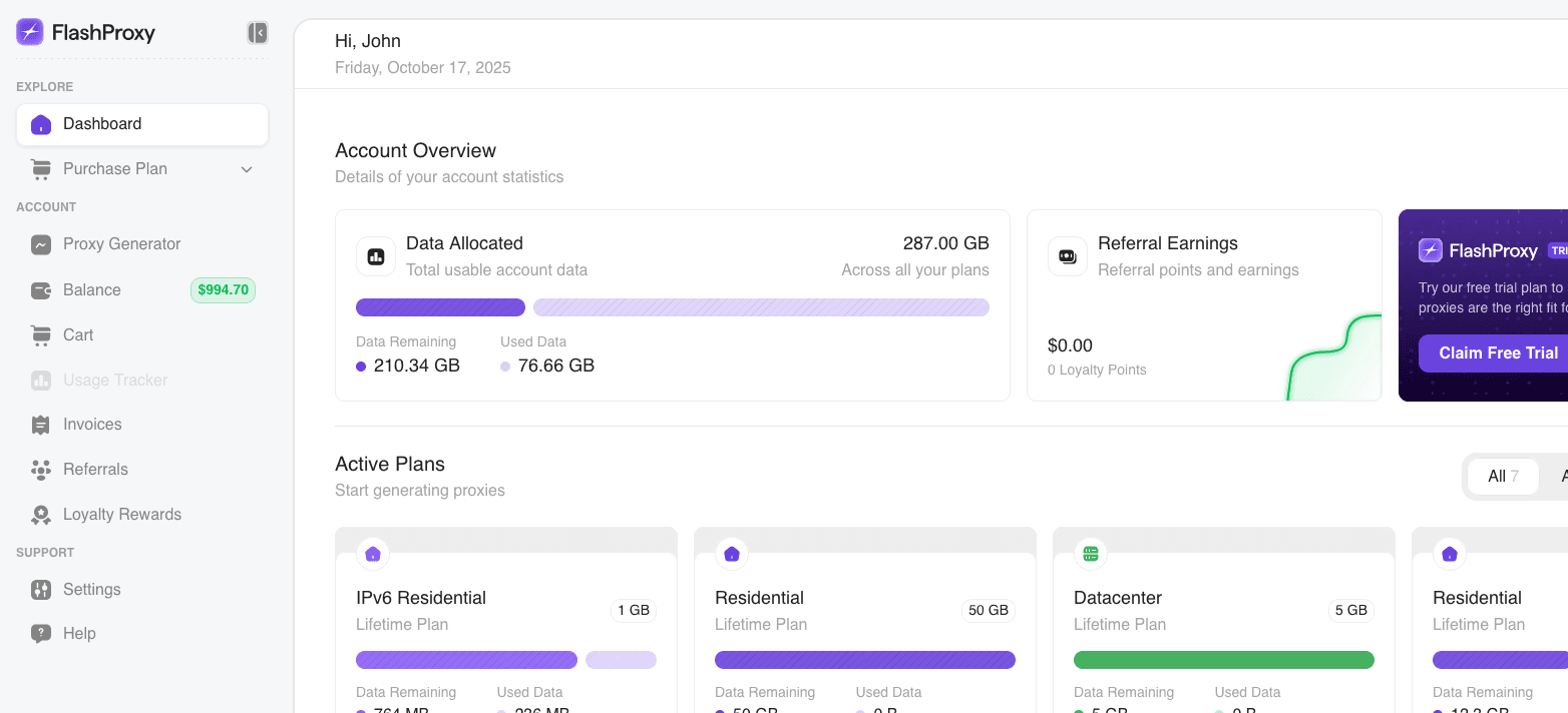 FlashProxy customer dashboard showing proxy plans, usage analytics and credential management