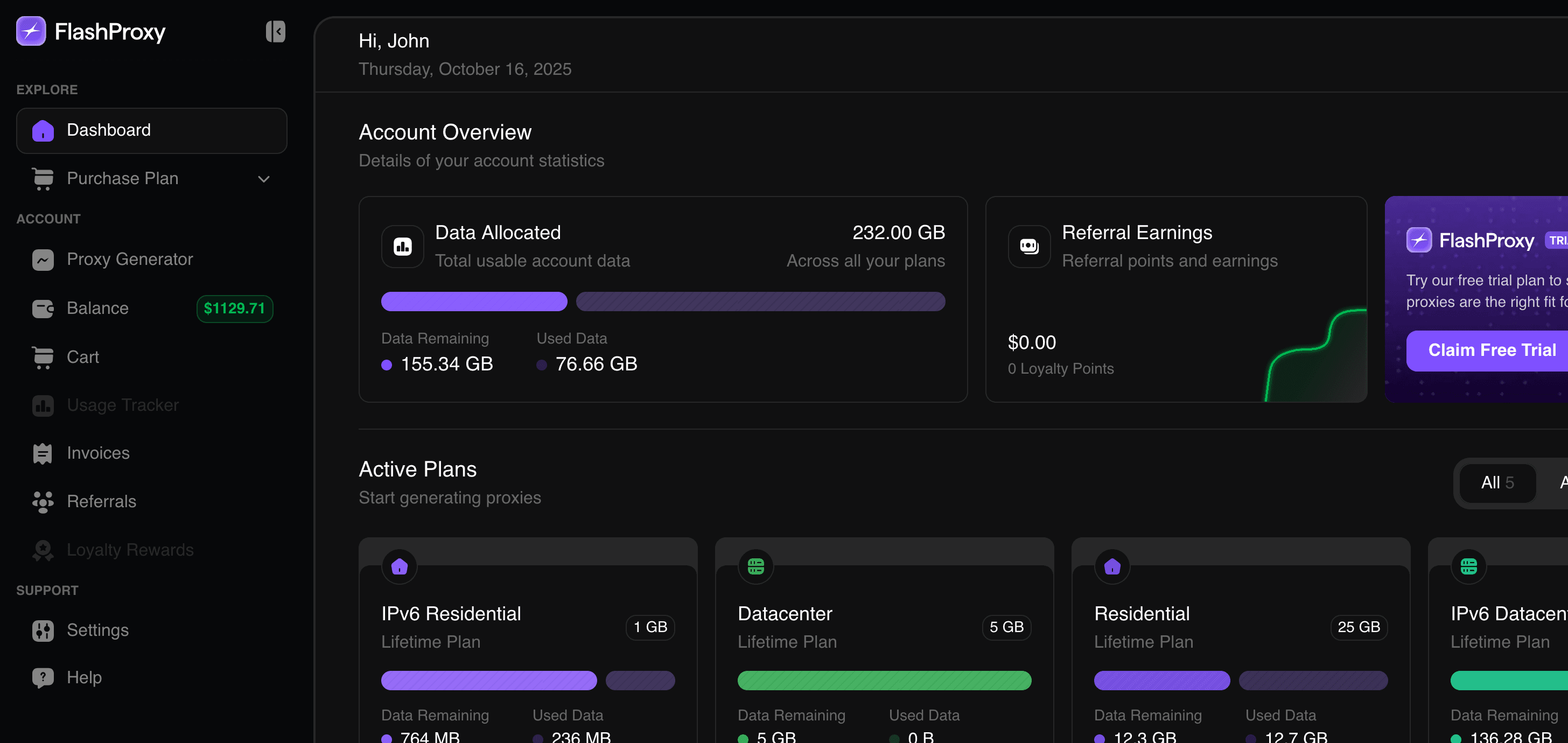 لوحة تحكم عميل FlashProxy تعرض خطط البروكسي وتحليلات الاستخدام وإدارة بيانات الدخول