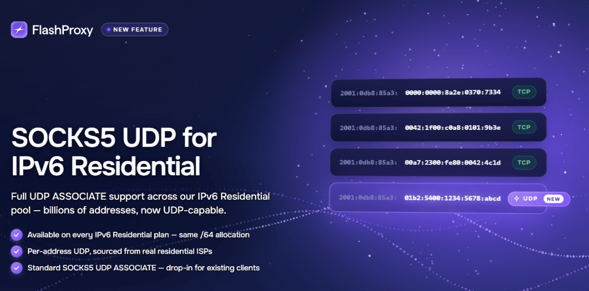 SOCKS5 UDP Now Live on FlashProxy IPv6 Residential